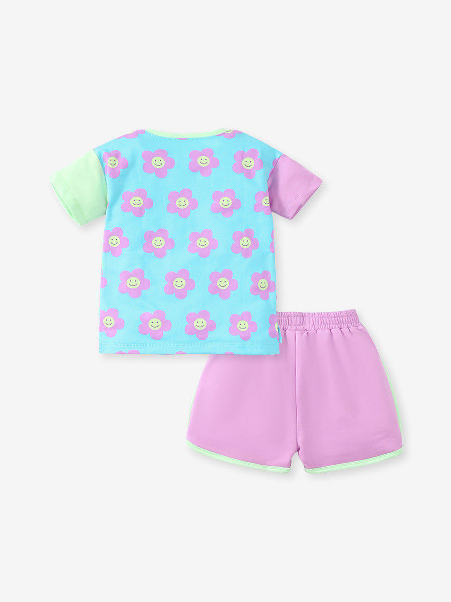 Baby and kids girls floral cartoon top and shorts set in purple, featuring vibrant floral and cartoon patterns, perfect for summer casual wear.