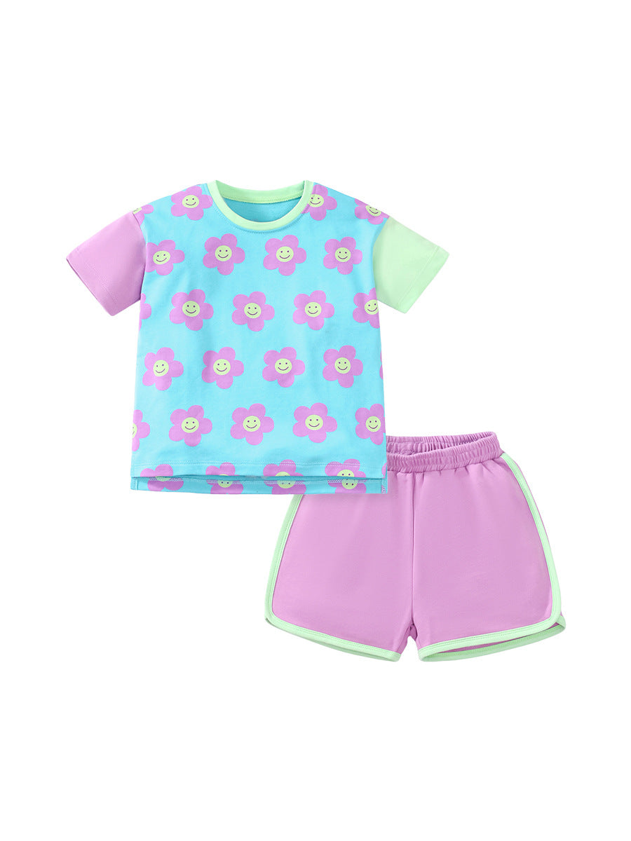 Baby and kids girls floral cartoon top and shorts set in purple, featuring vibrant floral and cartoon patterns, perfect for summer casual wear.