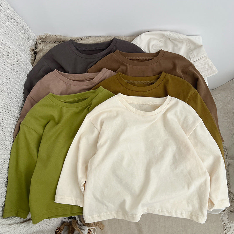 A collection of Baby Basic Style Soft Cotton Shirts in various colors including green, grey, khaki, beige, brown, and coffee, suitable for both boys and girls.