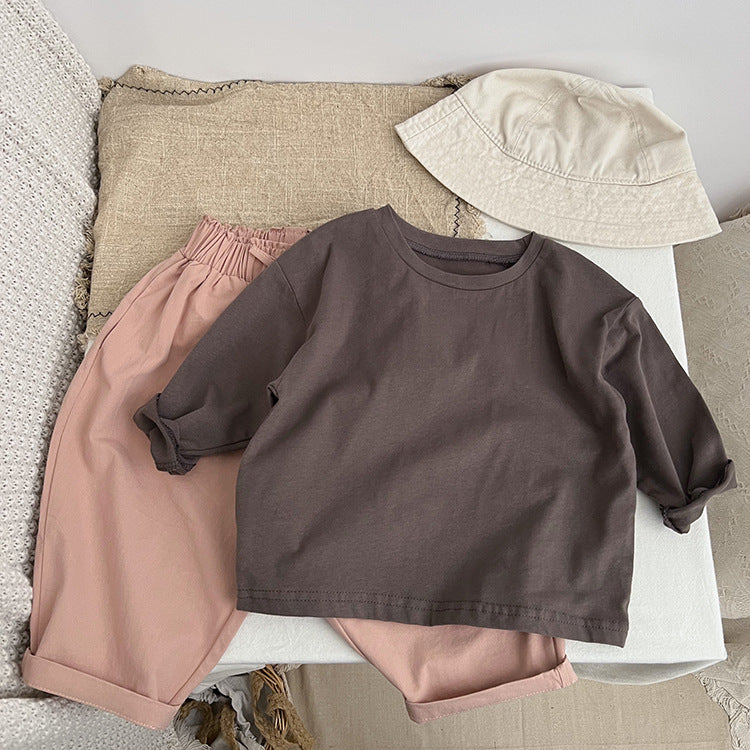 A collection of Baby Basic Style Soft Cotton Shirts in various colors including green, grey, khaki, beige, brown, and coffee, suitable for both boys and girls.