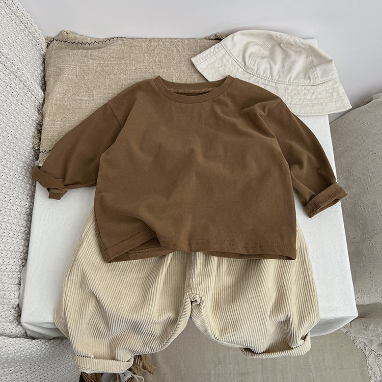 A collection of Baby Basic Style Soft Cotton Shirts in various colors including green, grey, khaki, beige, brown, and coffee, suitable for both boys and girls.