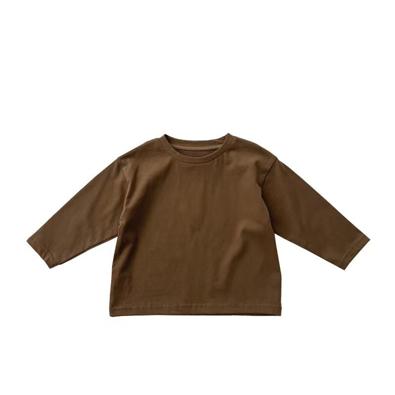 A collection of Baby Basic Style Soft Cotton Shirts in various colors including green, grey, khaki, beige, brown, and coffee, suitable for both boys and girls.