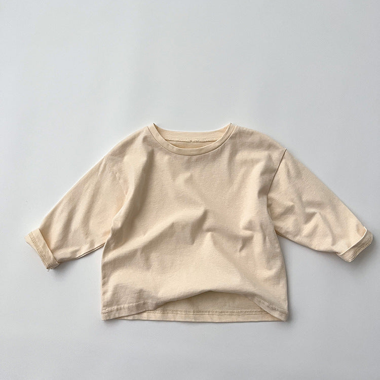 A collection of Baby Basic Style Soft Cotton Shirts in various colors including green, grey, khaki, beige, brown, and coffee, suitable for both boys and girls.