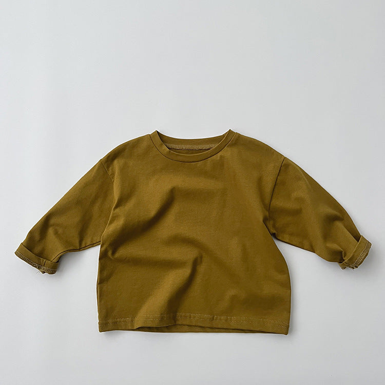 A collection of Baby Basic Style Soft Cotton Shirts in various colors including green, grey, khaki, beige, brown, and coffee, suitable for both boys and girls.