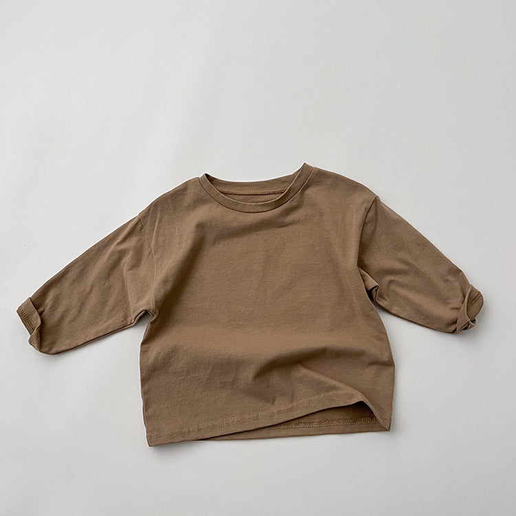 A collection of Baby Basic Style Soft Cotton Shirts in various colors including green, grey, khaki, beige, brown, and coffee, suitable for both boys and girls.