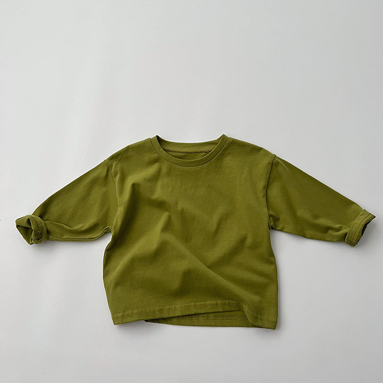 A collection of Baby Basic Style Soft Cotton Shirts in various colors including green, grey, khaki, beige, brown, and coffee, suitable for both boys and girls.