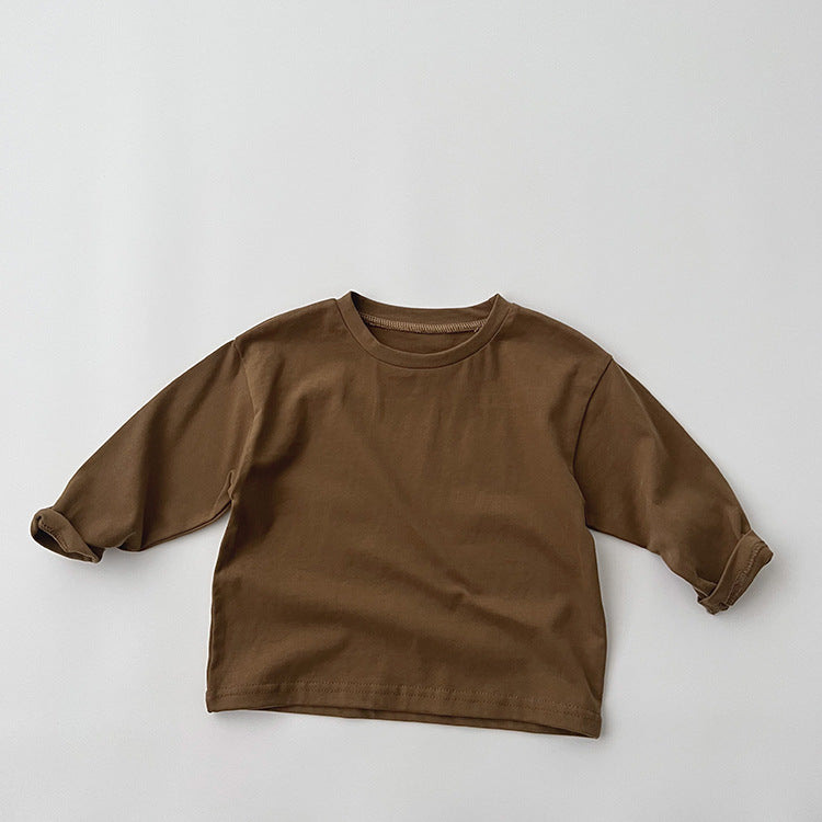 A collection of Baby Basic Style Soft Cotton Shirts in various colors including green, grey, khaki, beige, brown, and coffee, suitable for both boys and girls.