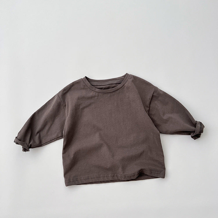 A collection of Baby Basic Style Soft Cotton Shirts in various colors including green, grey, khaki, beige, brown, and coffee, suitable for both boys and girls.