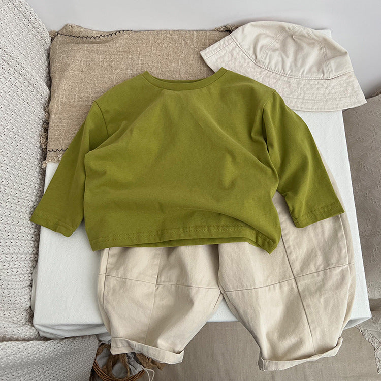 A collection of Baby Basic Style Soft Cotton Shirts in various colors including green, grey, khaki, beige, brown, and coffee, suitable for both boys and girls.