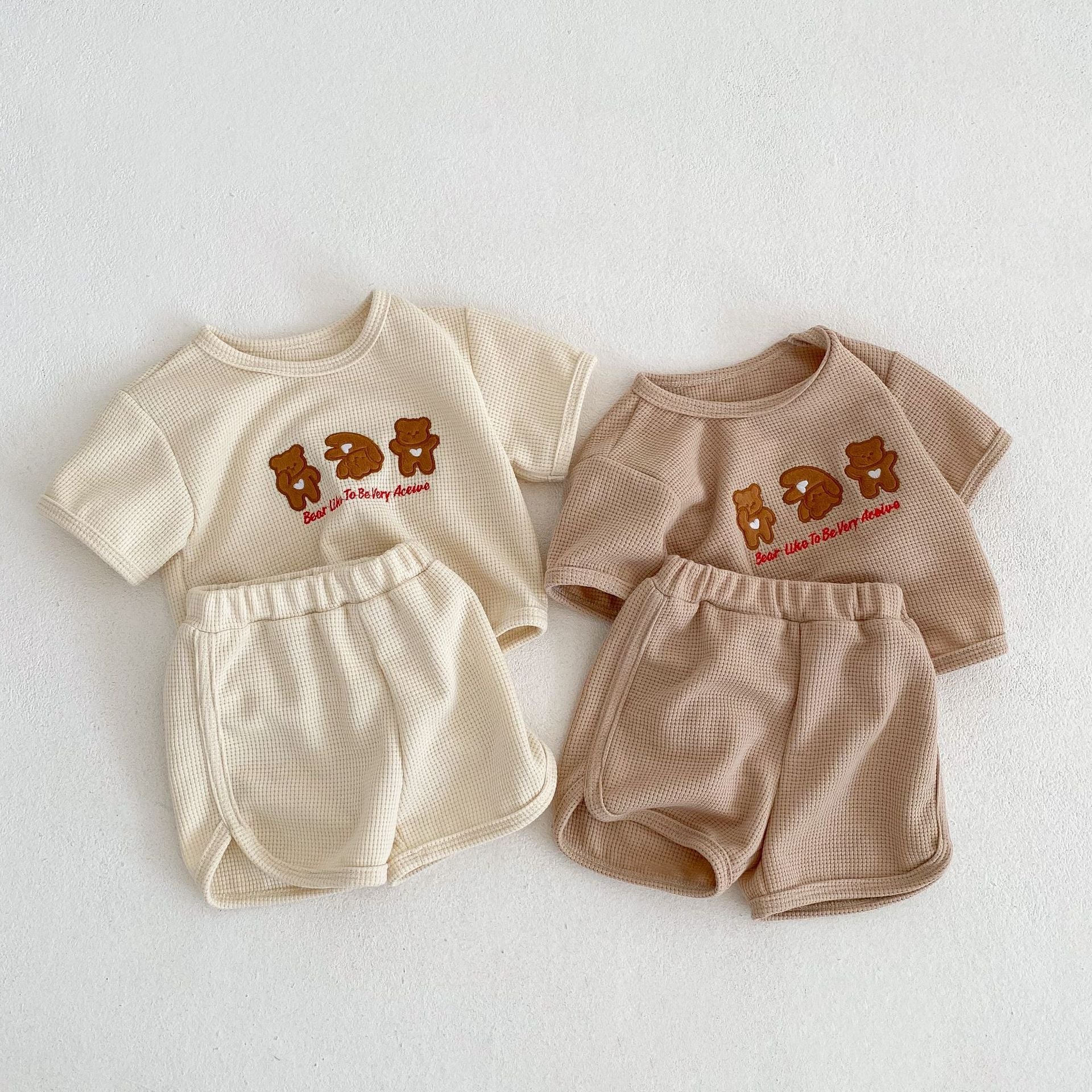 Baby Bear Embroidered Pattern Waffle Fabric T-Shirt and Shorts Set in apricot and brown colors, showcasing adorable bear embroidery.