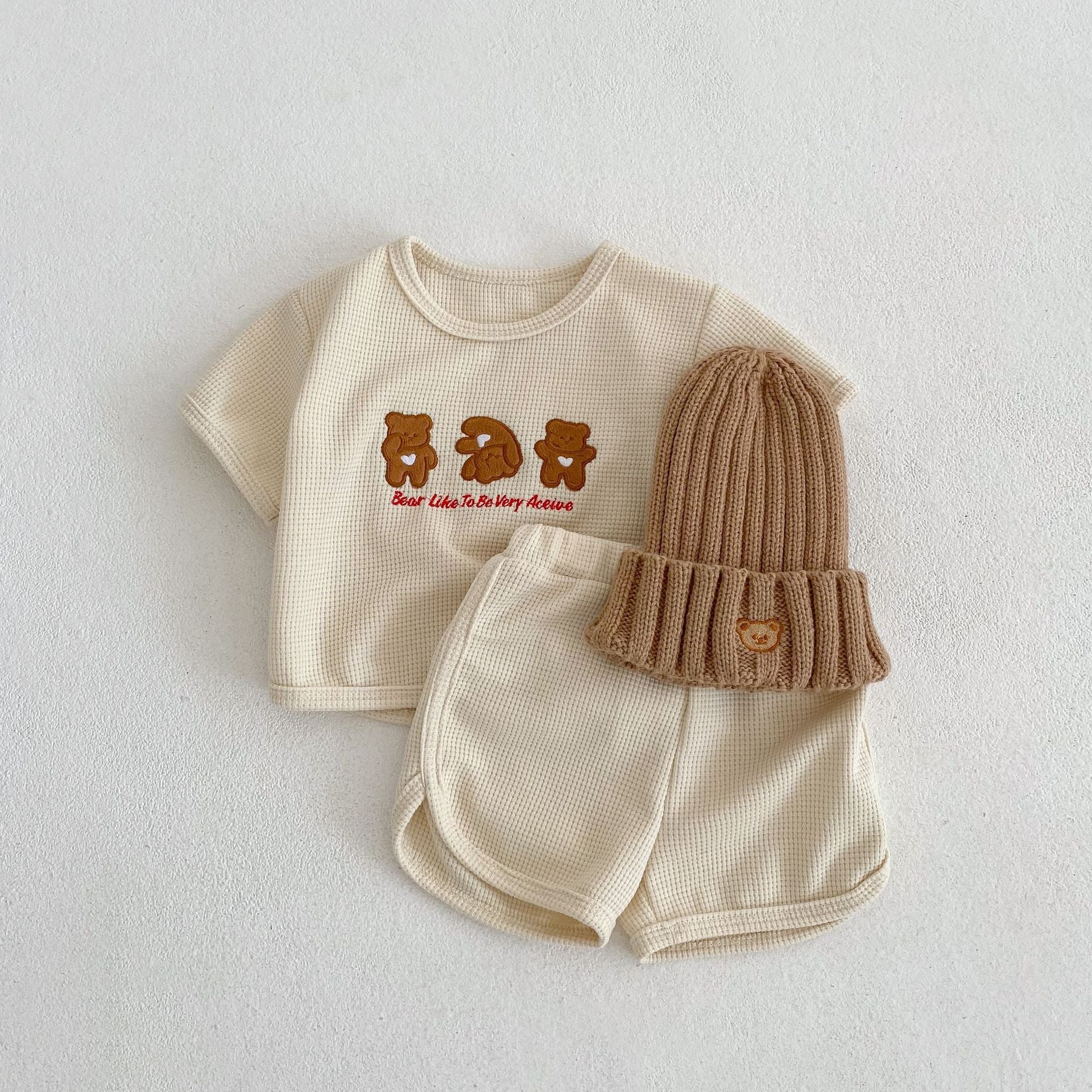 Baby Bear Embroidered Pattern Waffle Fabric T-Shirt and Shorts Set in apricot and brown colors, showcasing adorable bear embroidery.