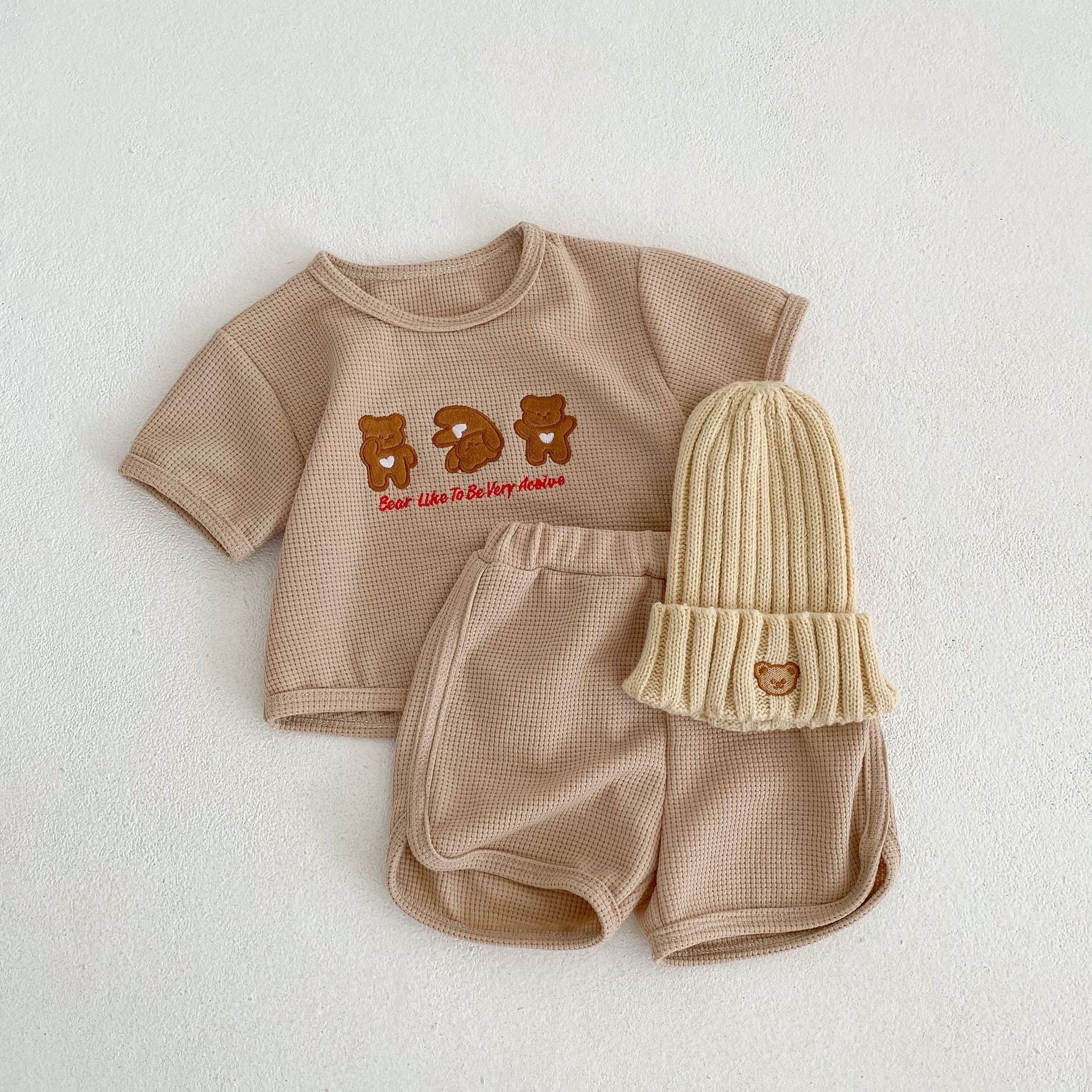 Baby Bear Embroidered Pattern Waffle Fabric T-Shirt and Shorts Set in apricot and brown colors, showcasing adorable bear embroidery.