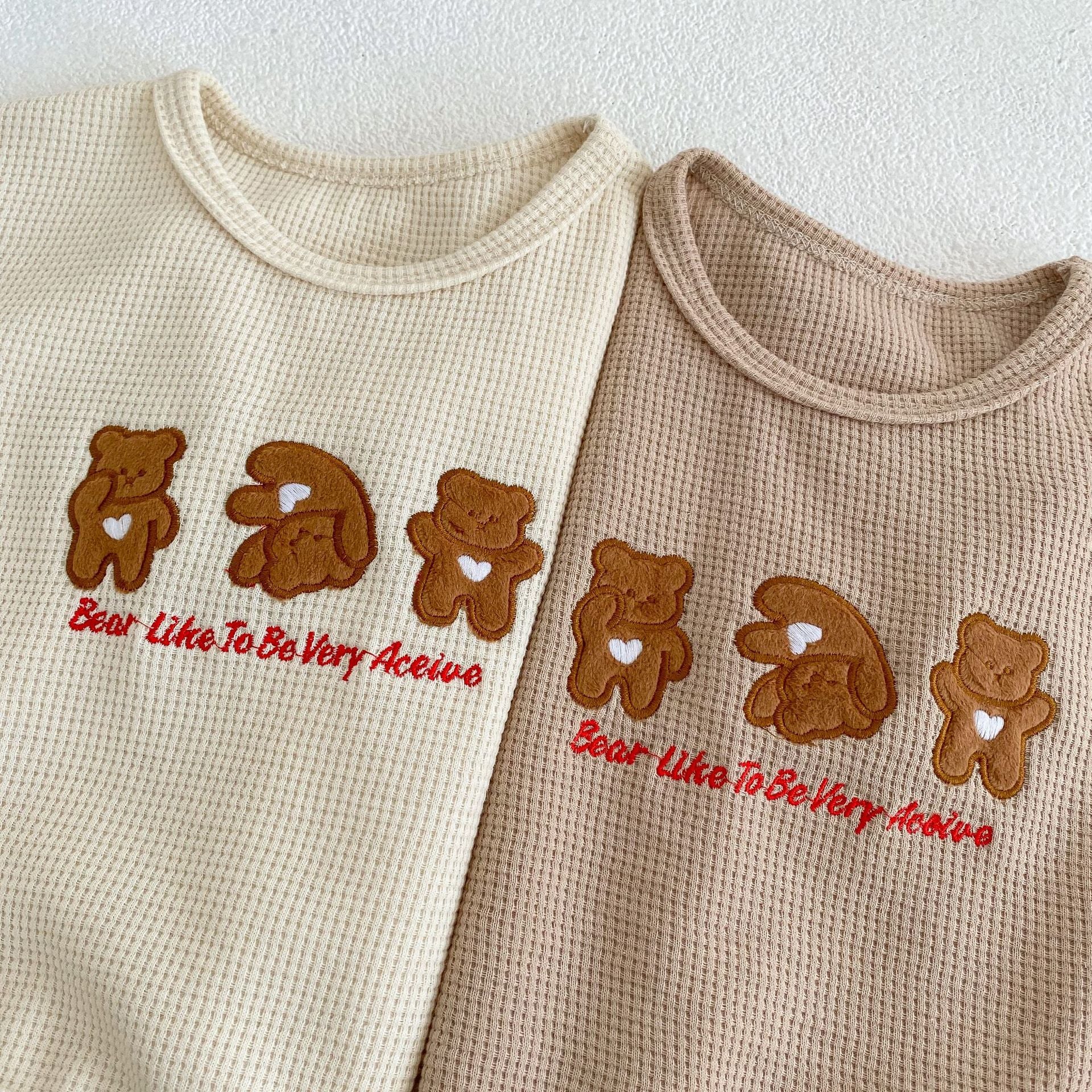 Baby Bear Embroidered Pattern Waffle Fabric T-Shirt and Shorts Set in apricot and brown colors, showcasing adorable bear embroidery.