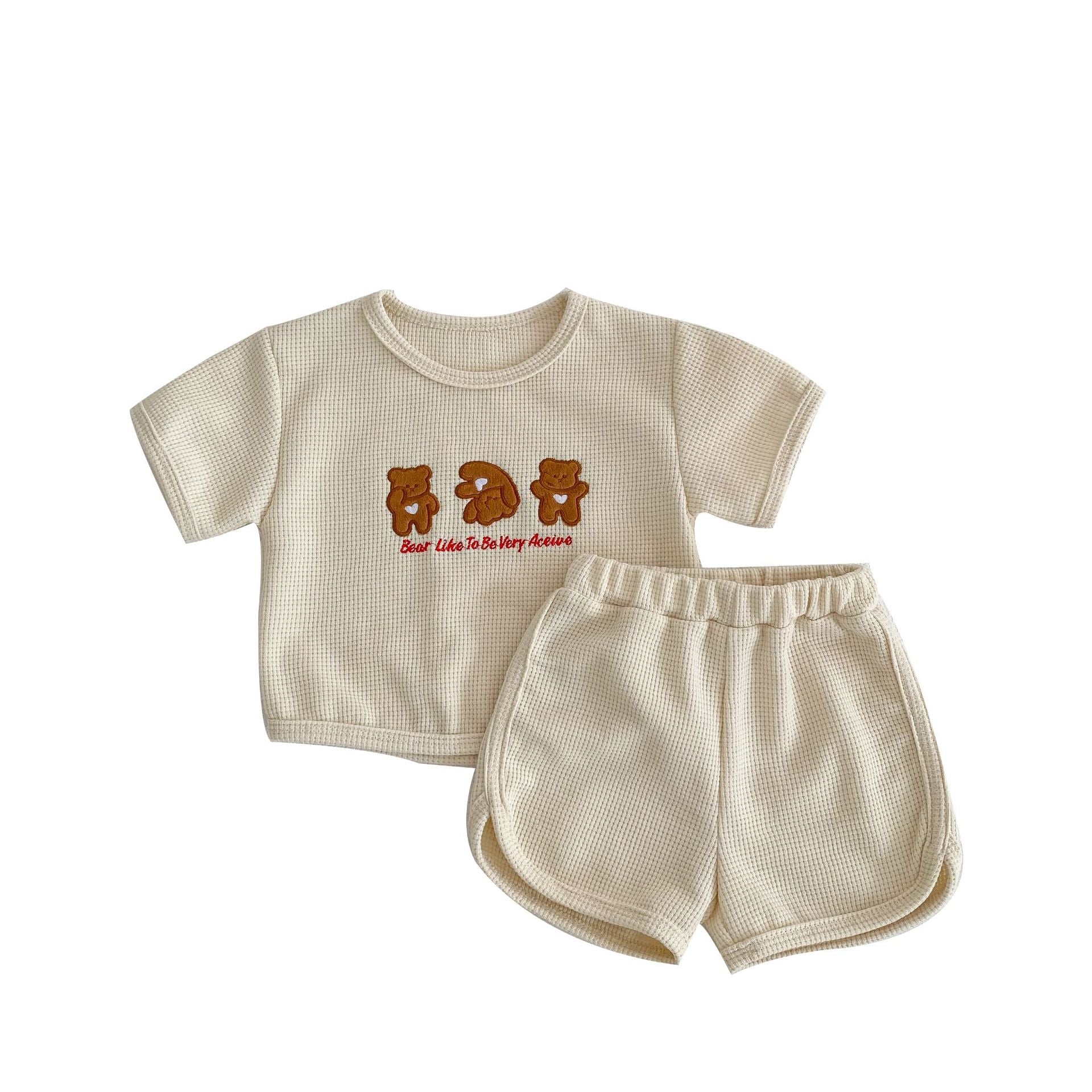 Baby Bear Embroidered Pattern Waffle Fabric T-Shirt and Shorts Set in apricot and brown colors, showcasing adorable bear embroidery.