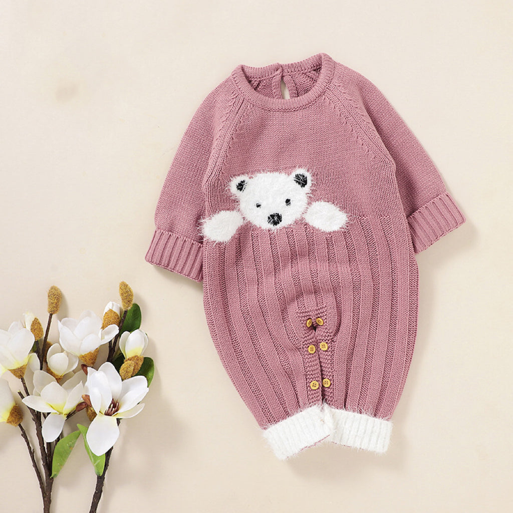 Baby Bear Jacquard Design Long Sleeve Cute Knitted Jumpsuit in pink, featuring a soft knit fabric and adorable bear pattern.