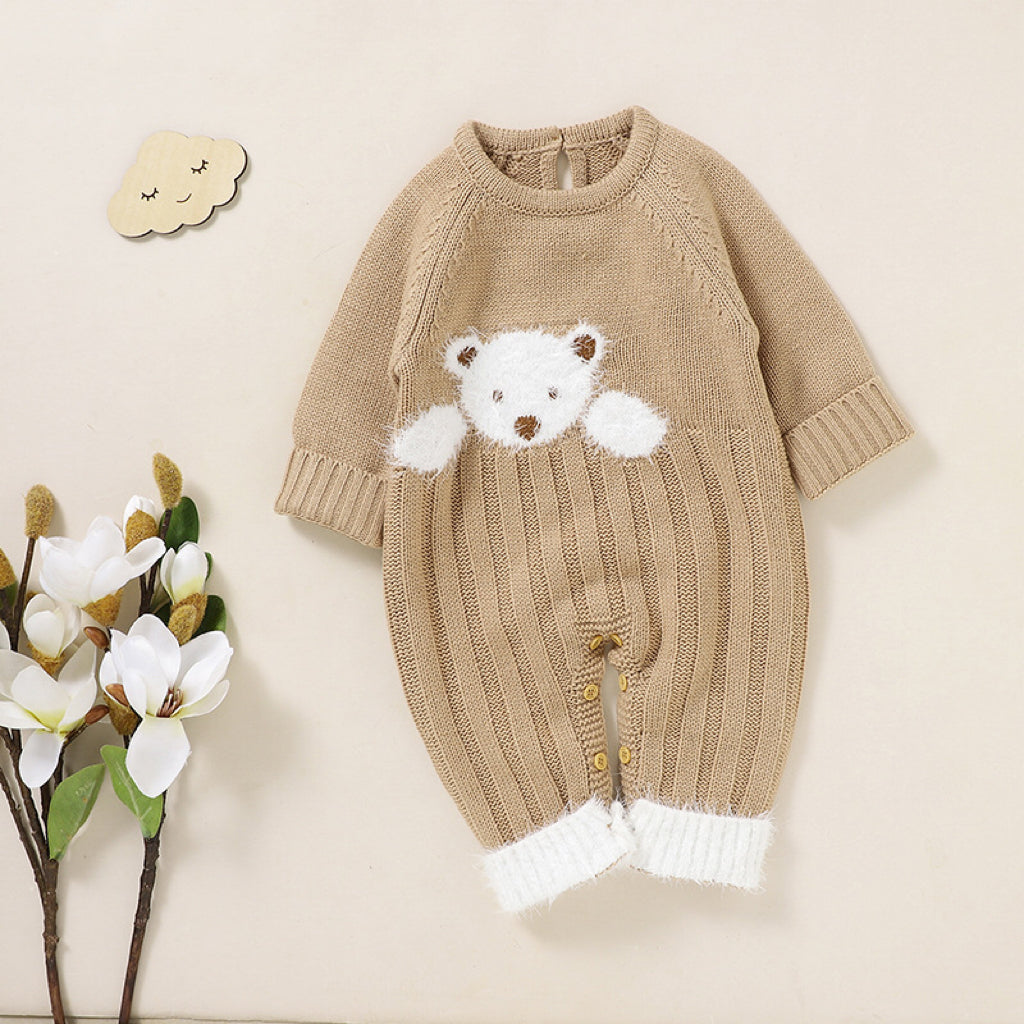 Baby Bear Jacquard Design Long Sleeve Cute Knitted Jumpsuit in pink, featuring a soft knit fabric and adorable bear pattern.