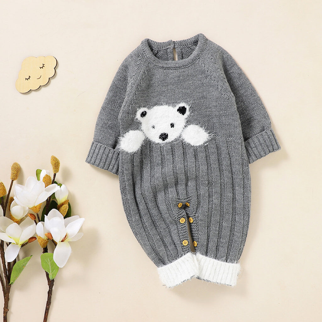 Baby Bear Jacquard Design Long Sleeve Cute Knitted Jumpsuit in pink, featuring a soft knit fabric and adorable bear pattern.