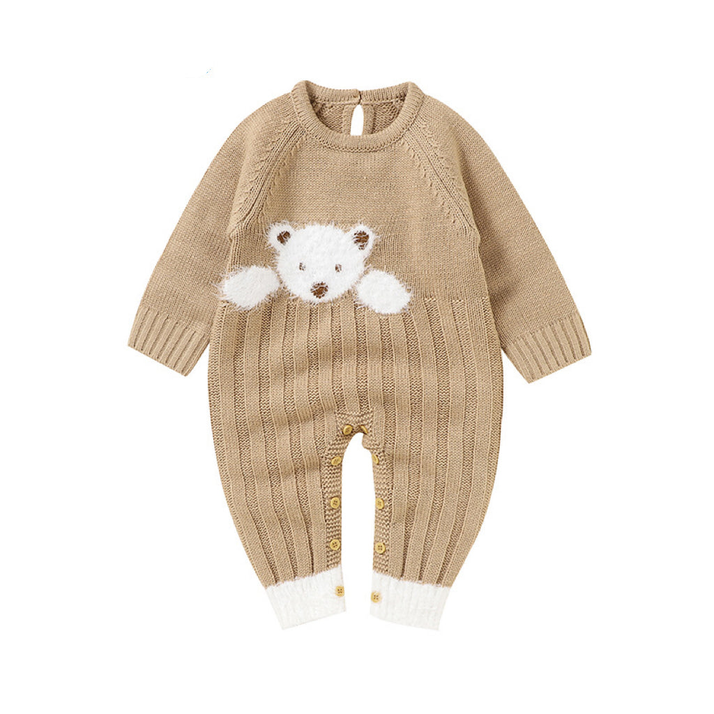 Baby Bear Jacquard Design Long Sleeve Cute Knitted Jumpsuit in pink, featuring a soft knit fabric and adorable bear pattern.