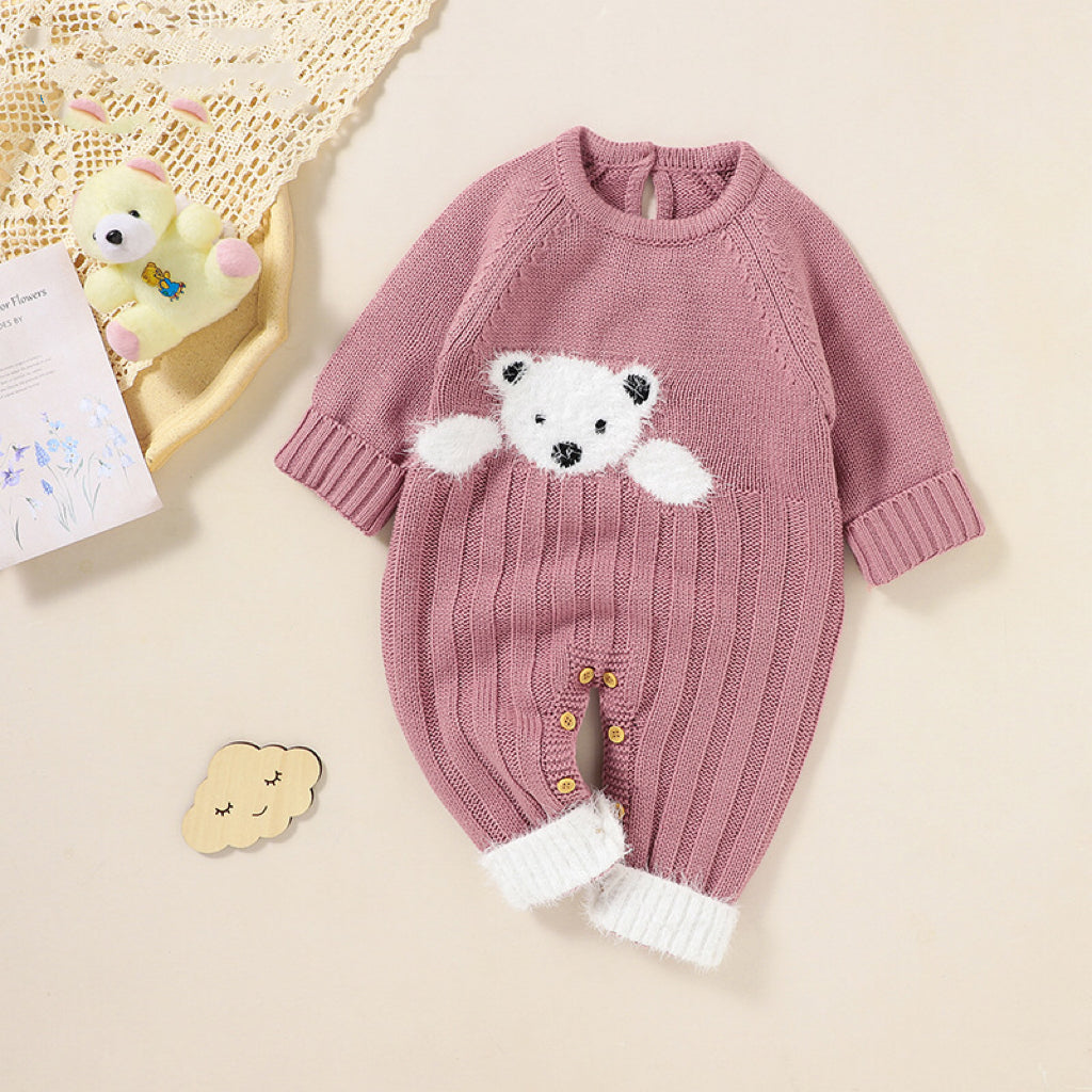 Baby Bear Jacquard Design Long Sleeve Cute Knitted Jumpsuit in pink, featuring a soft knit fabric and adorable bear pattern.