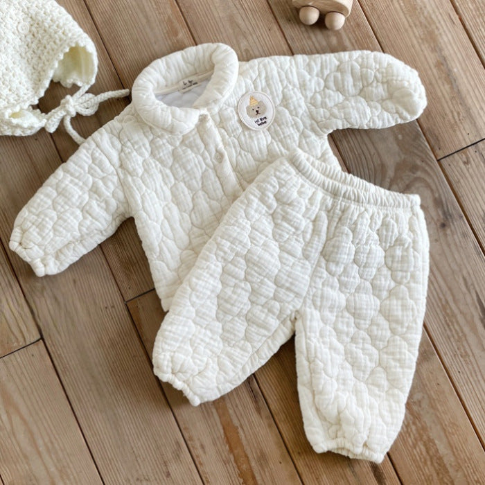 Baby Bear Patched Pattern Quilted Warm Lapel Cute Sets in beige, featuring a baby bear patch and quilted detailing, perfect for autumn and winter.