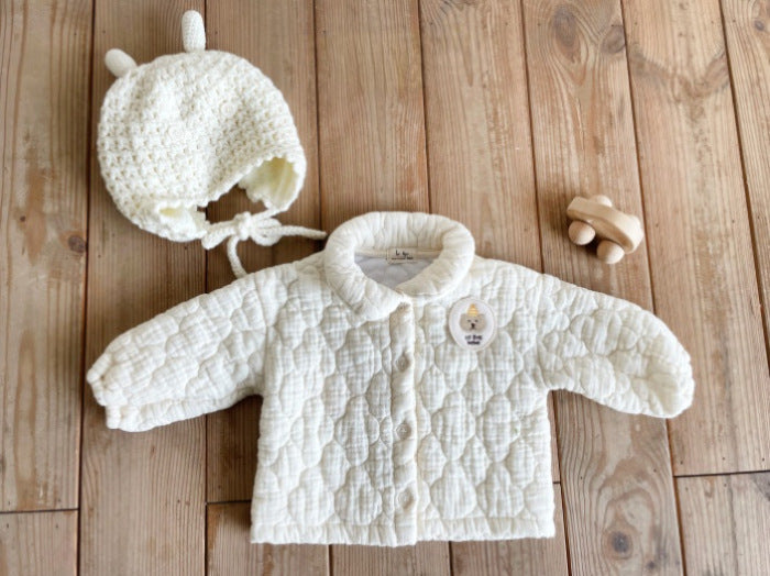 Baby Bear Patched Pattern Quilted Warm Lapel Cute Sets in beige, featuring a baby bear patch and quilted detailing, perfect for autumn and winter.