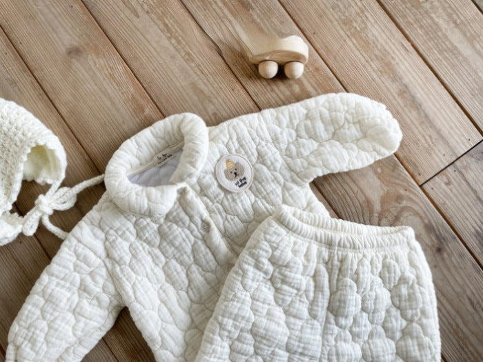 Baby Bear Patched Pattern Quilted Warm Lapel Cute Sets in beige, featuring a baby bear patch and quilted detailing, perfect for autumn and winter.