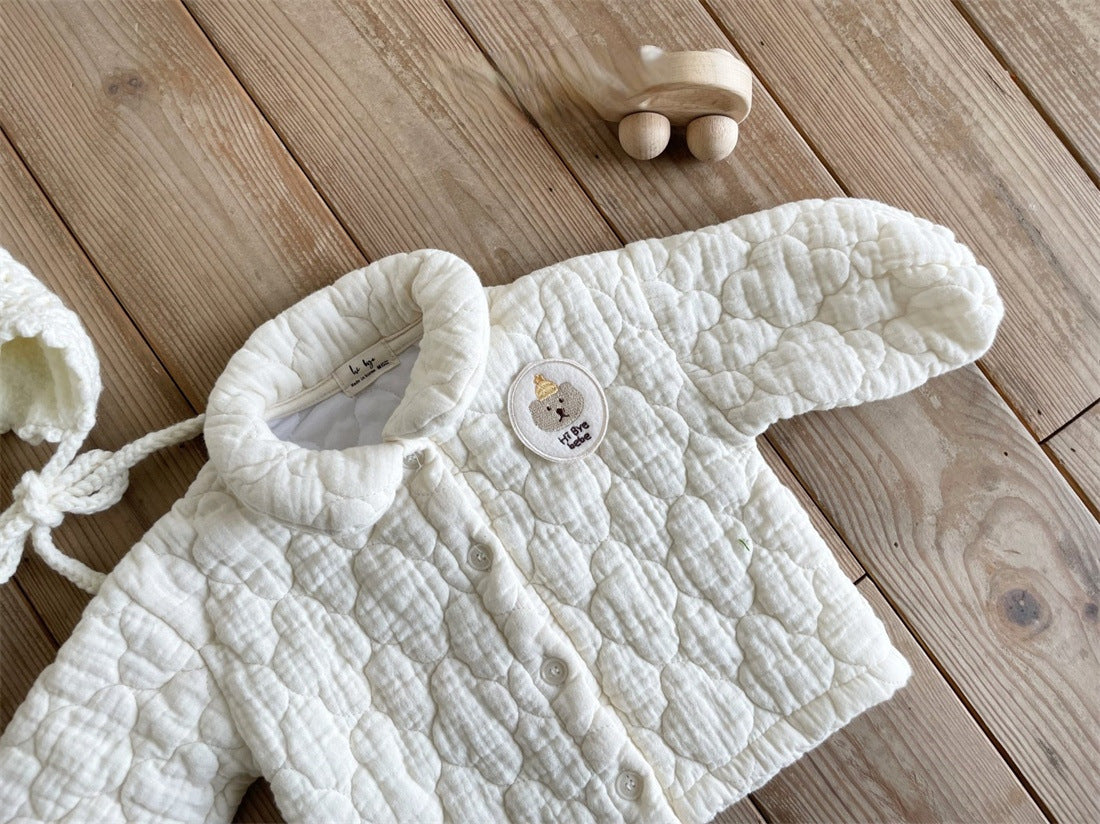 Baby Bear Patched Pattern Quilted Warm Lapel Cute Sets in beige, featuring a baby bear patch and quilted detailing, perfect for autumn and winter.