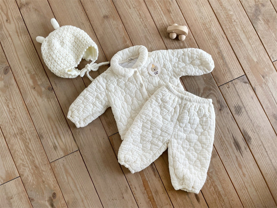 Baby Bear Patched Pattern Quilted Warm Lapel Cute Sets in beige, featuring a baby bear patch and quilted detailing, perfect for autumn and winter.