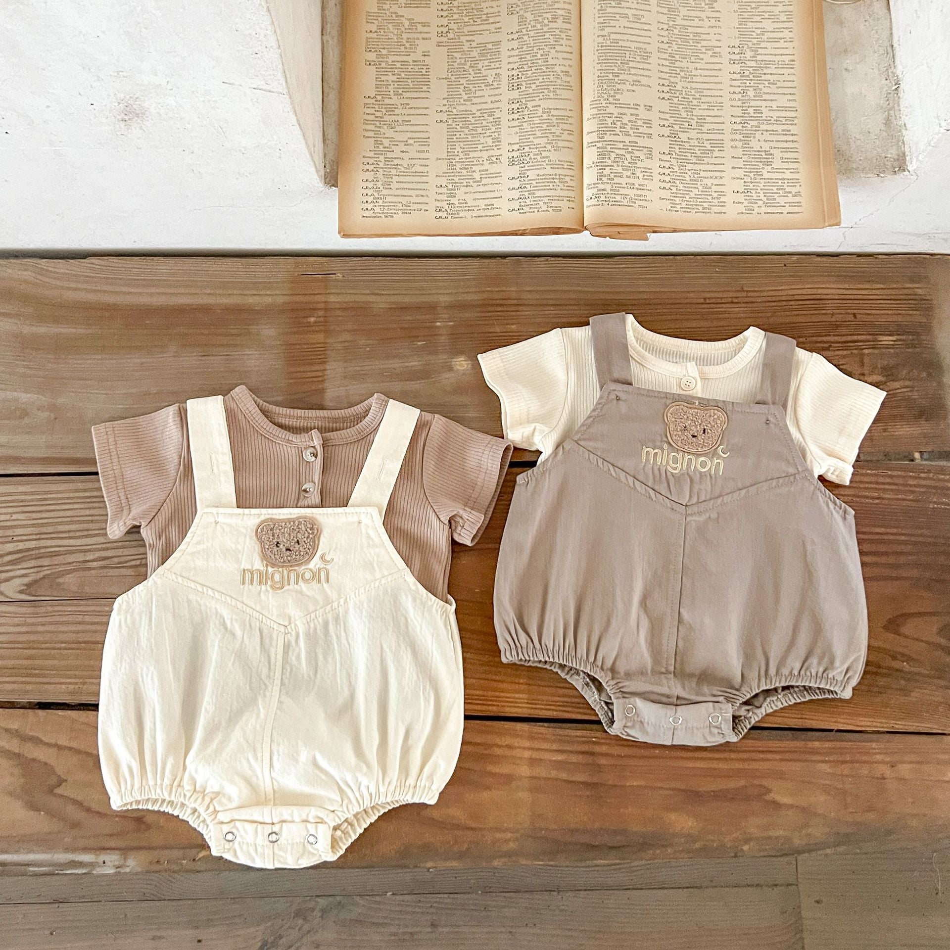 Baby Bear Pattern Strap Overall with Solid Color Shirt Sets in beige and brown, featuring a cute bear design and soft cotton material.