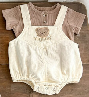 Baby Bear Pattern Strap Overall with Solid Color Shirt Sets in beige and brown, featuring a cute bear design and soft cotton material.