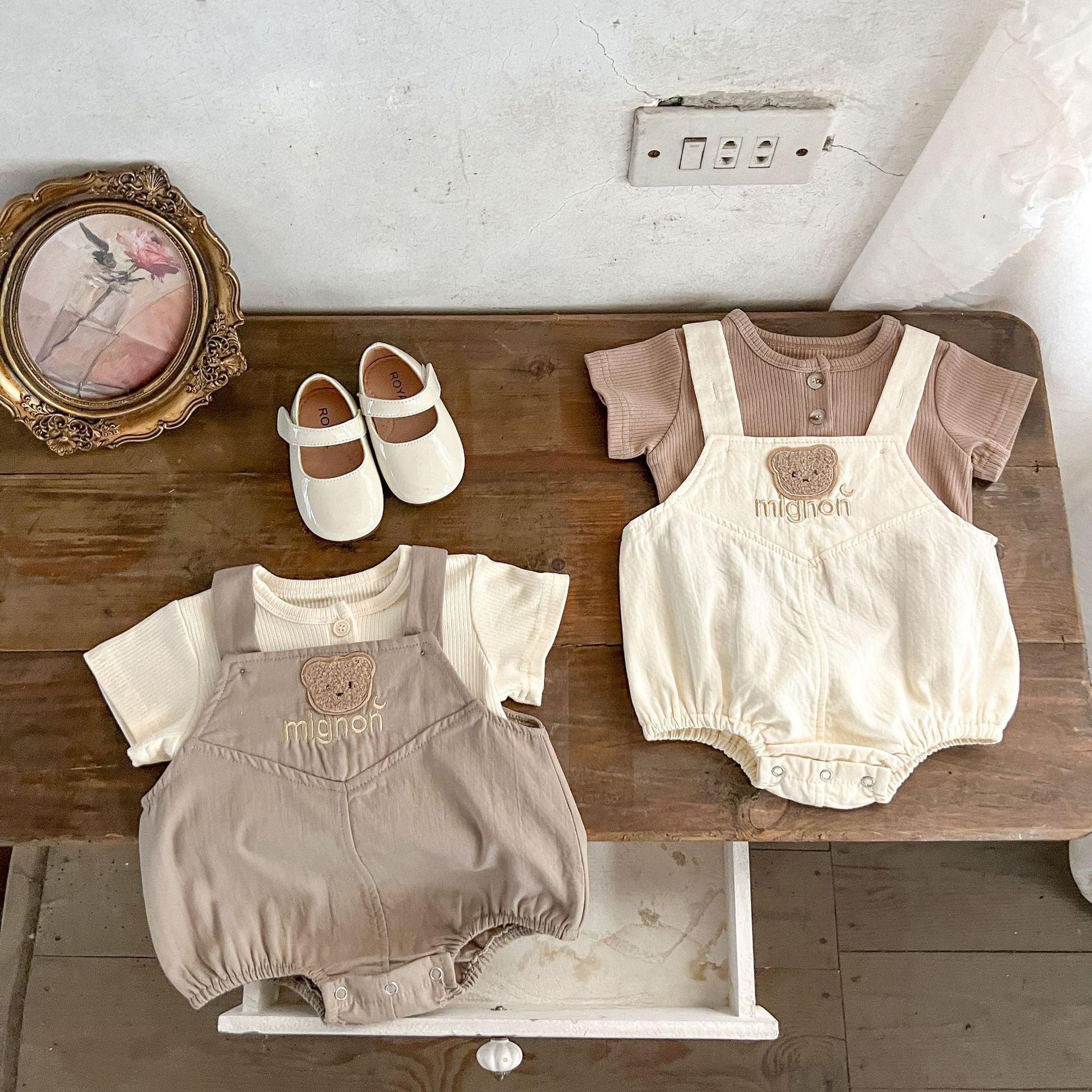 Baby Bear Pattern Strap Overall with Solid Color Shirt Sets in beige and brown, featuring a cute bear design and soft cotton material.