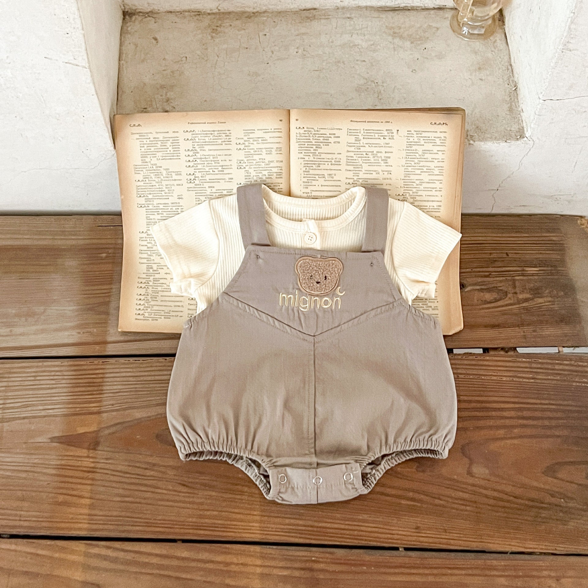 Baby Bear Pattern Strap Overall with Solid Color Shirt Sets in beige and brown, featuring a cute bear design and soft cotton material.