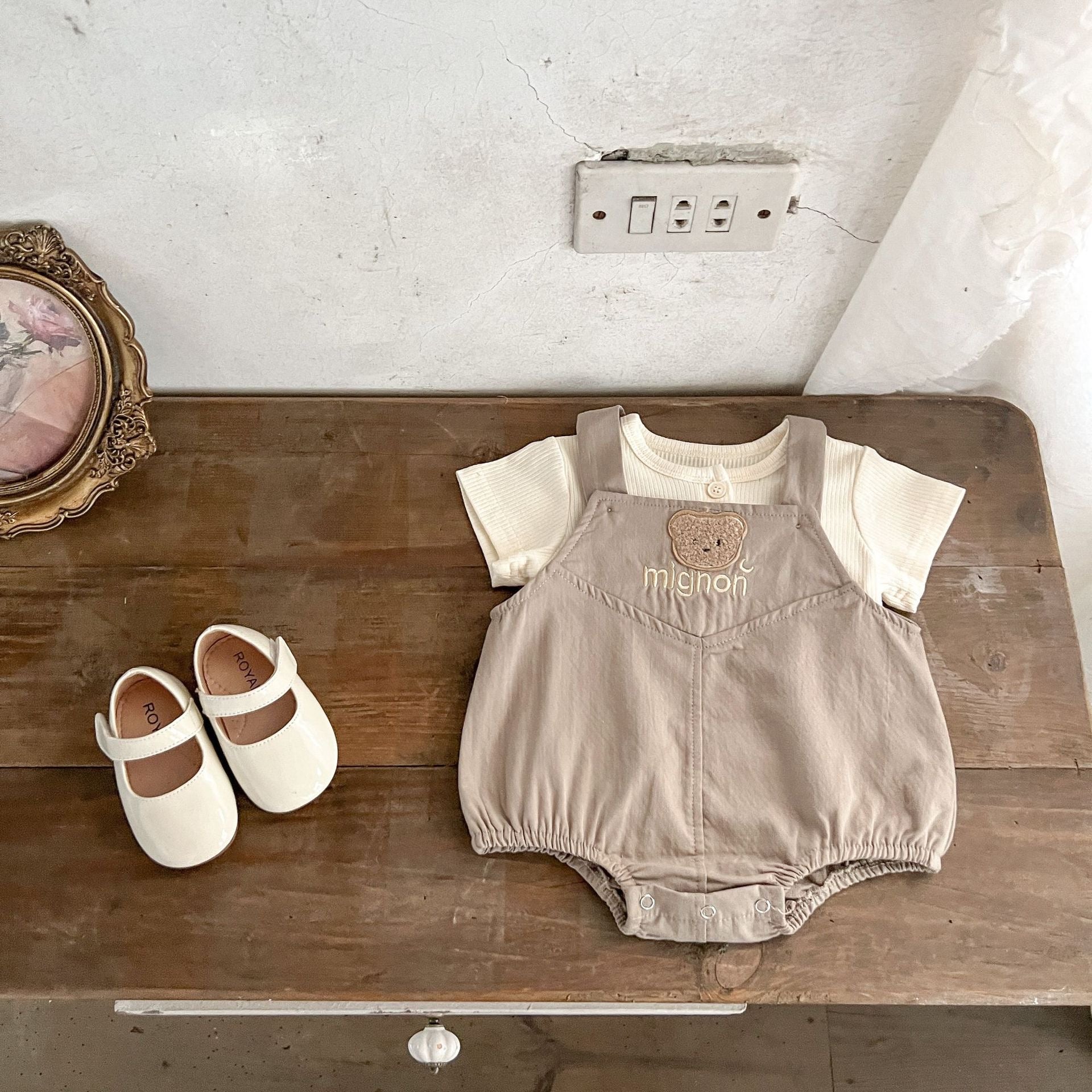 Baby Bear Pattern Strap Overall with Solid Color Shirt Sets in beige and brown, featuring a cute bear design and soft cotton material.