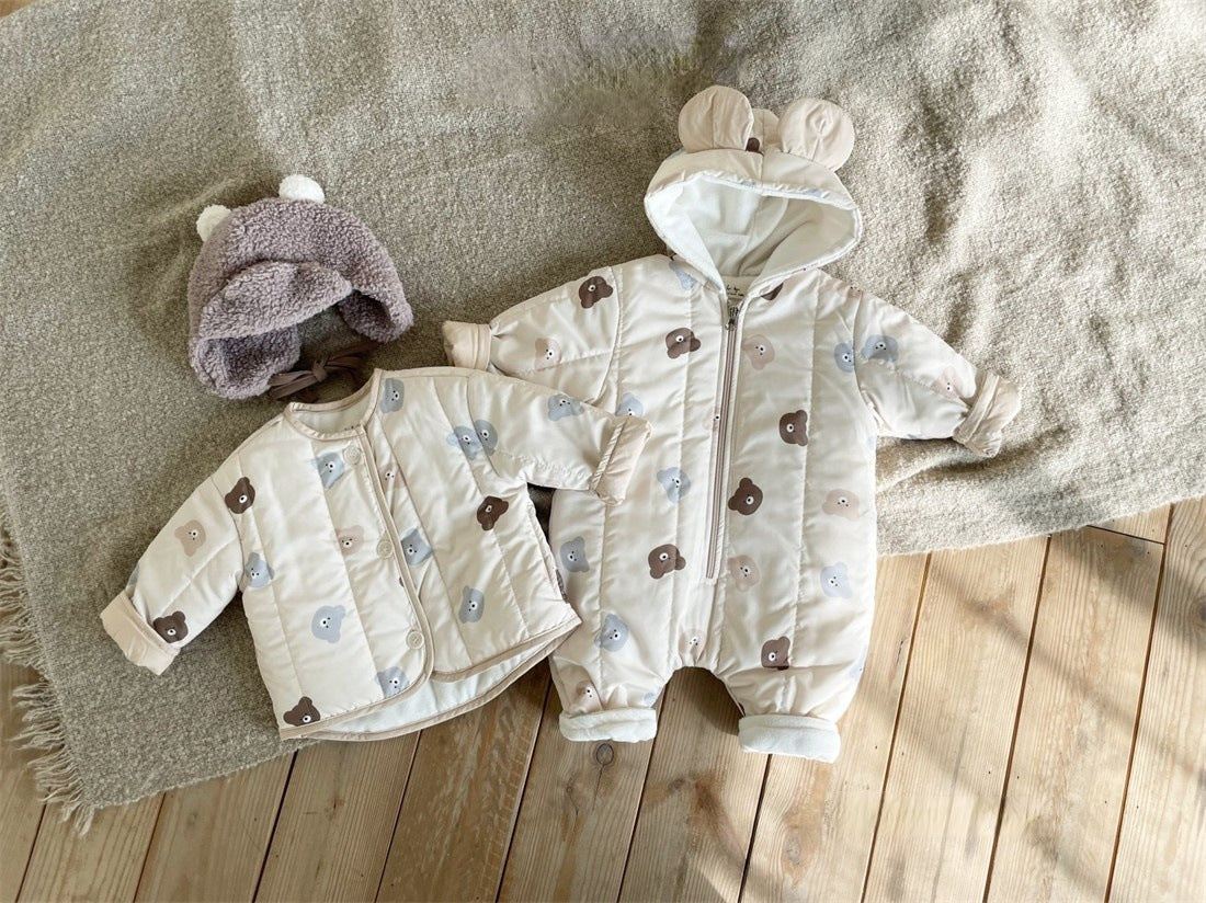 A cozy Baby Bear Print Quilted Warm Coat and Jumpsuit set for babies, featuring an adorable bear pattern in soft cotton fabric.