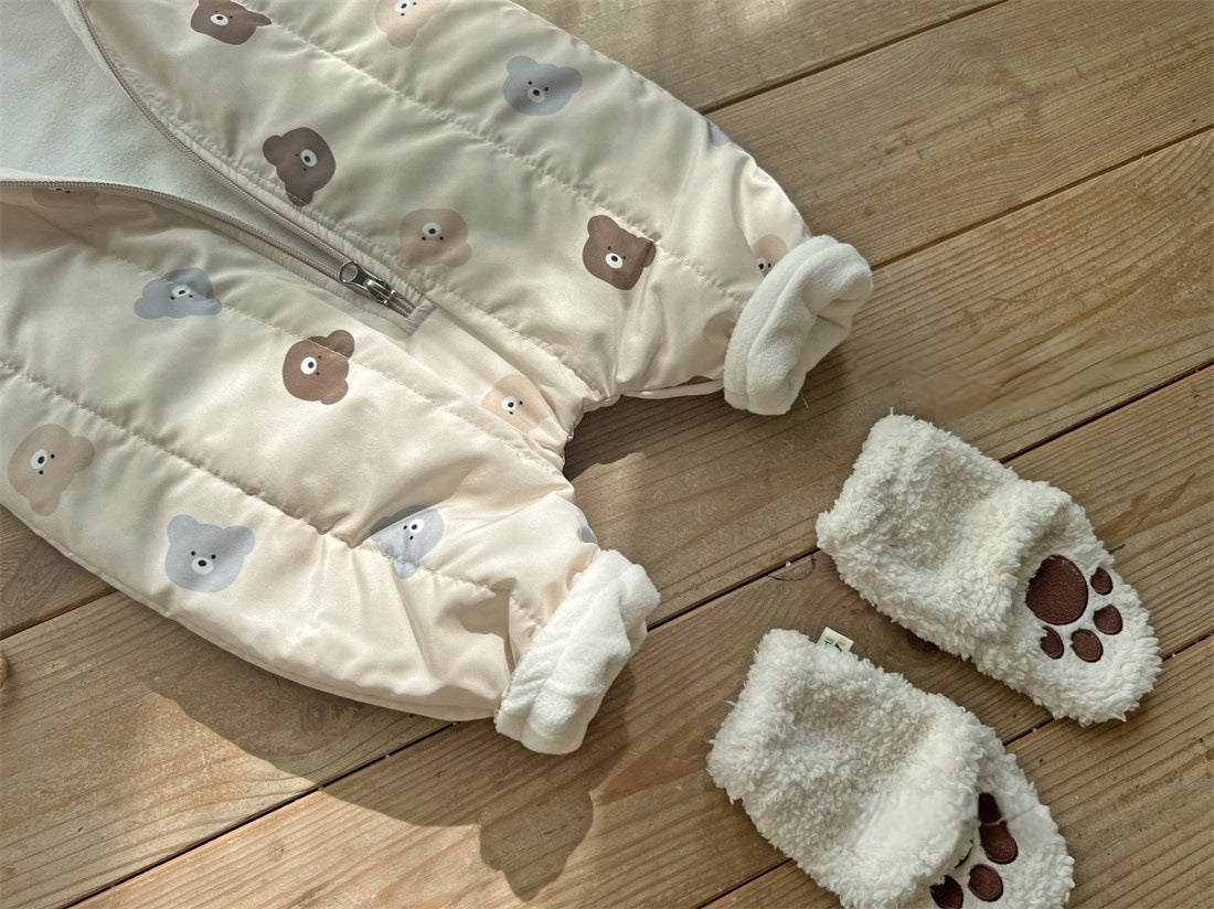 A cozy Baby Bear Print Quilted Warm Coat and Jumpsuit set for babies, featuring an adorable bear pattern in soft cotton fabric.