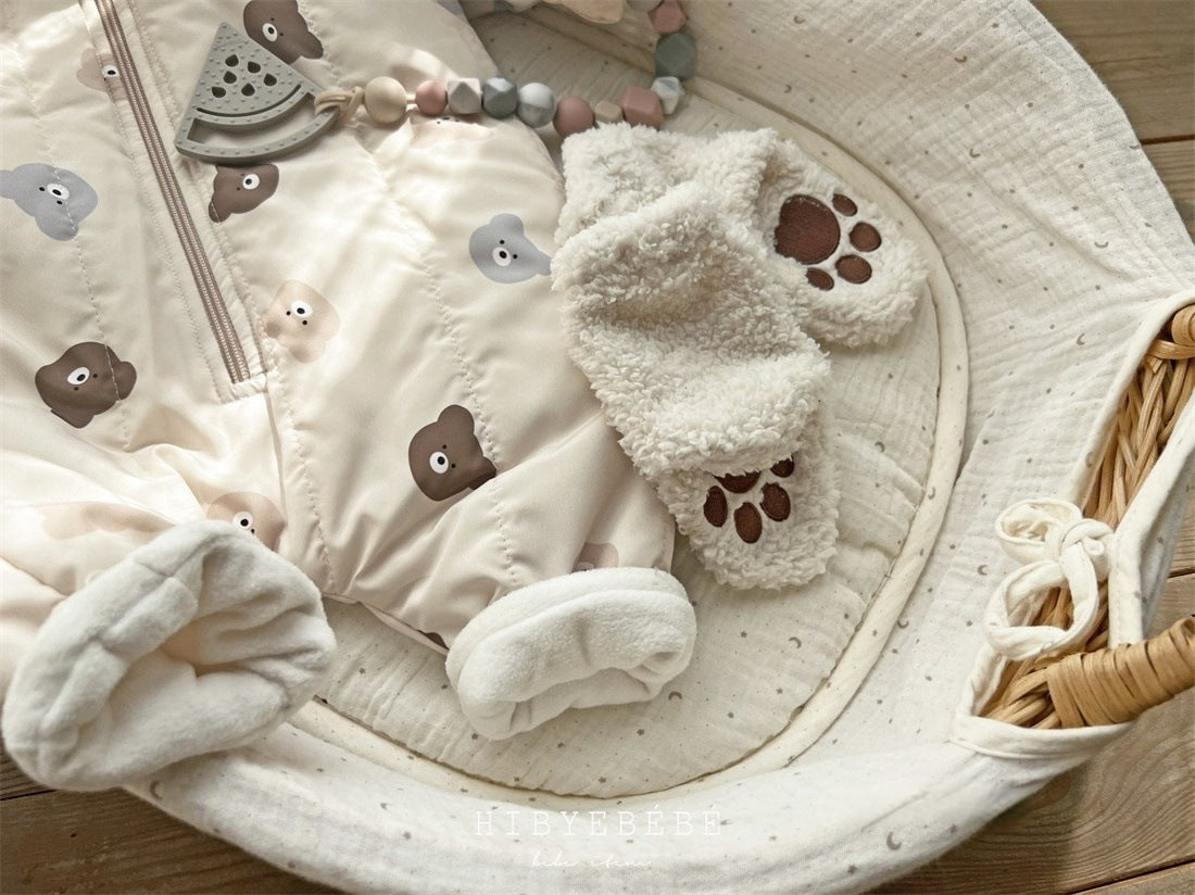 A cozy Baby Bear Print Quilted Warm Coat and Jumpsuit set for babies, featuring an adorable bear pattern in soft cotton fabric.