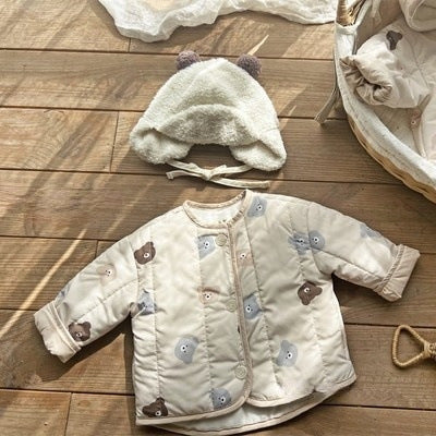 A cozy Baby Bear Print Quilted Warm Coat and Jumpsuit set for babies, featuring an adorable bear pattern in soft cotton fabric.