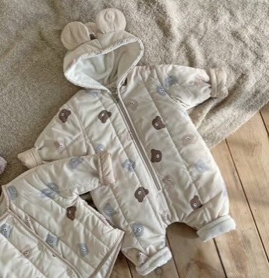 A cozy Baby Bear Print Quilted Warm Coat and Jumpsuit set for babies, featuring an adorable bear pattern in soft cotton fabric.