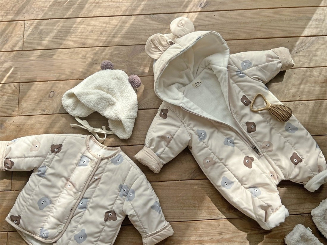 A cozy Baby Bear Print Quilted Warm Coat and Jumpsuit set for babies, featuring an adorable bear pattern in soft cotton fabric.