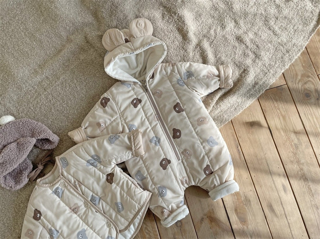 A cozy Baby Bear Print Quilted Warm Coat and Jumpsuit set for babies, featuring an adorable bear pattern in soft cotton fabric.