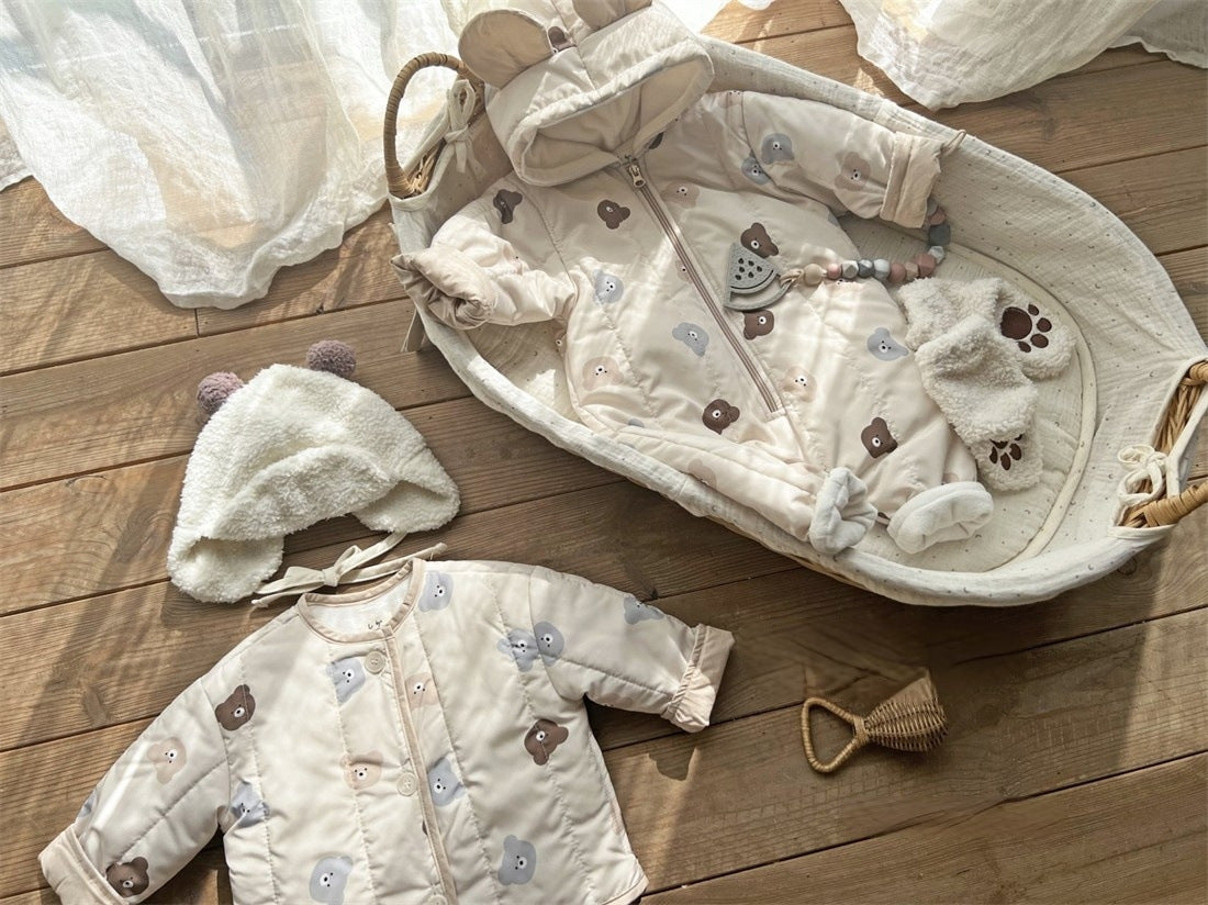 A cozy Baby Bear Print Quilted Warm Coat and Jumpsuit set for babies, featuring an adorable bear pattern in soft cotton fabric.