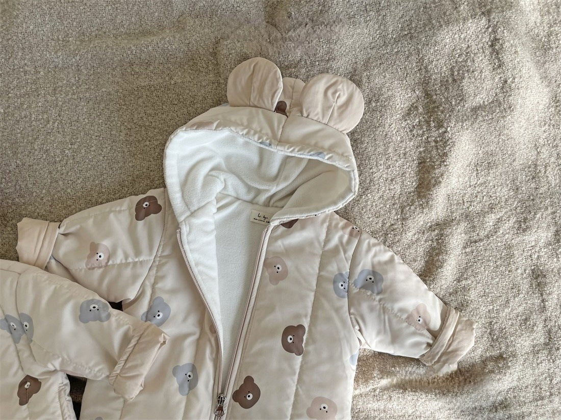 A cozy Baby Bear Print Quilted Warm Coat and Jumpsuit set for babies, featuring an adorable bear pattern in soft cotton fabric.