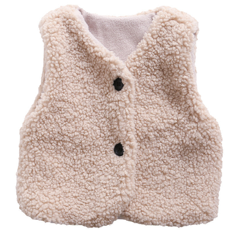 A cozy Baby Berber Fleece Design Button Front Warm Coat Vest in black, showcasing its soft fleece material and button front design.