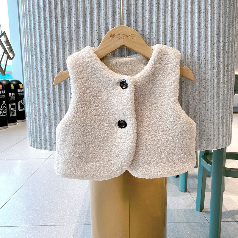 A cozy Baby Berber Fleece Design Button Front Warm Coat Vest in black, showcasing its soft fleece material and button front design.