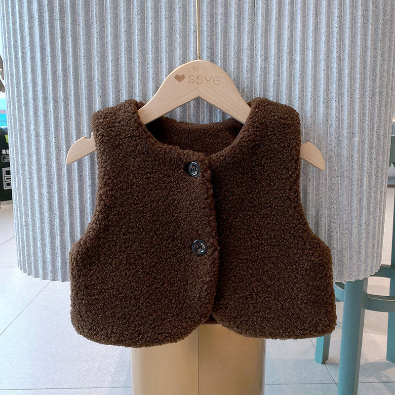 A cozy Baby Berber Fleece Design Button Front Warm Coat Vest in black, showcasing its soft fleece material and button front design.