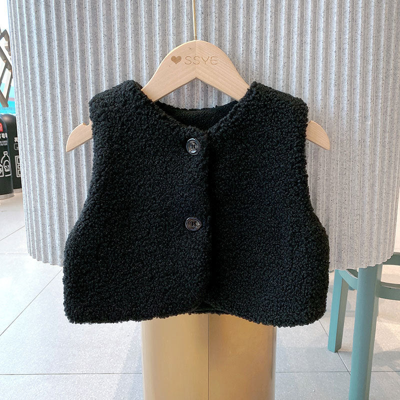 A cozy Baby Berber Fleece Design Button Front Warm Coat Vest in black, showcasing its soft fleece material and button front design.