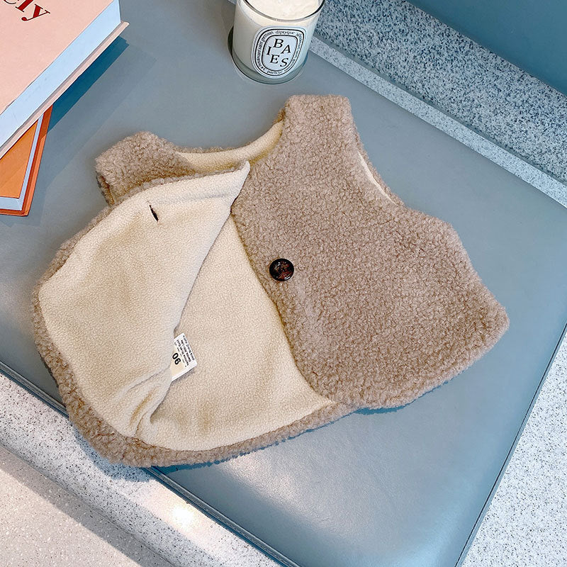 A cozy Baby Berber Fleece Design Button Front Warm Coat Vest in black, showcasing its soft fleece material and button front design.