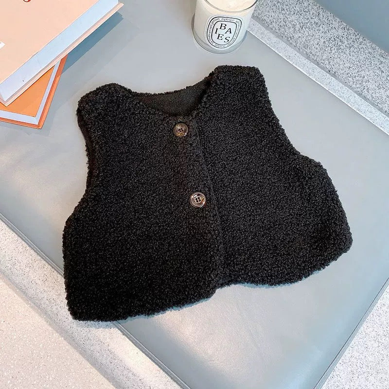 A cozy Baby Berber Fleece Design Button Front Warm Coat Vest in black, showcasing its soft fleece material and button front design.