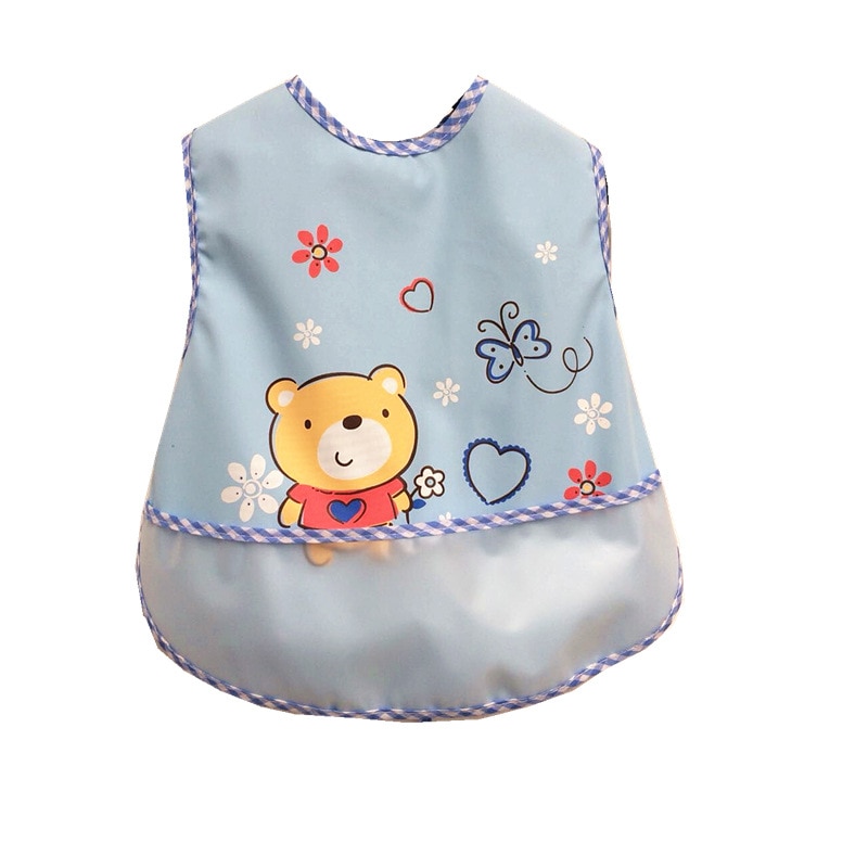 Blue child's bib with bear illustration.