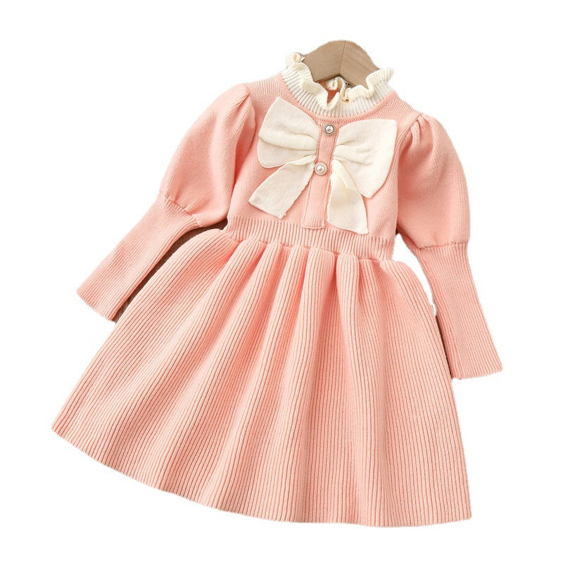 A beautiful Baby Bow Patched Design Puff Sleeve Princess Dress in white, featuring puff sleeves and a charming bow detail, perfect for little girls.